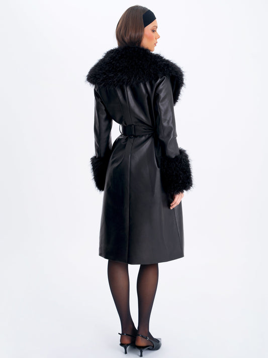 Miss Circle Zariah Black Faux Fur Trimmed Longline Coat - Free Shipping
