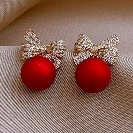 Shimmering Holiday Delight: 1 Pair Fashionable Alloy Bow Red Bead Dangle Earrings for Women –Perfect for Your Christmas Party!