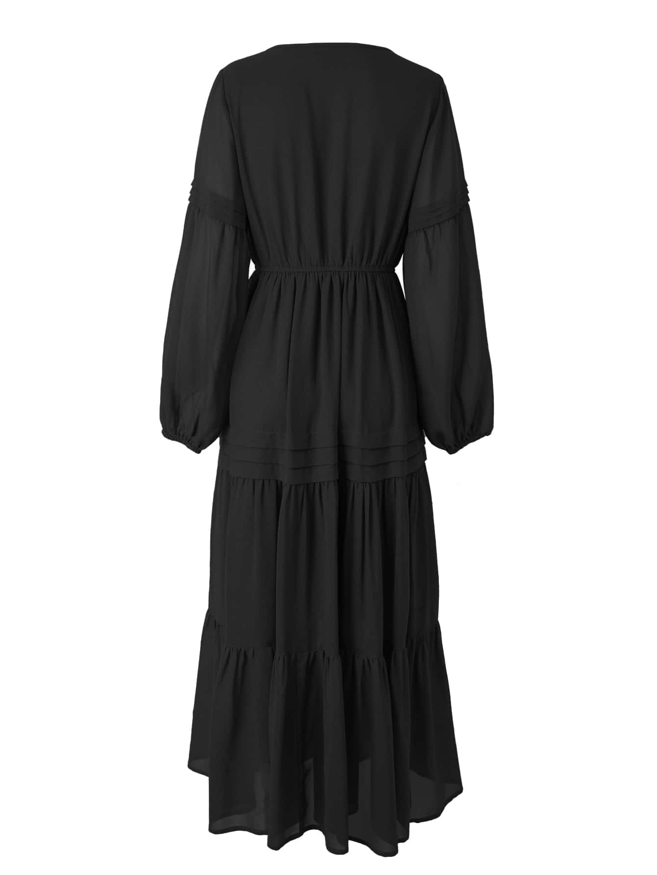 Flowy Chiffon Lantern Sleeve Dress with V-Neck and Ruffled Hemline - Feminine High-Waist Fit