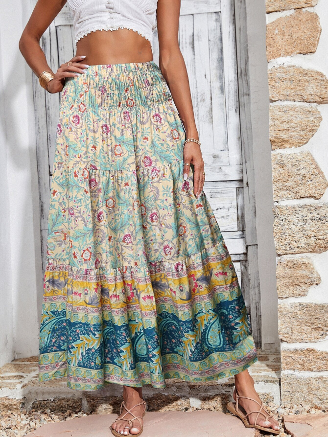 Effortlessly Chic: Floral Paisley Print Shirred Ruffle Hem Maxi Skirt