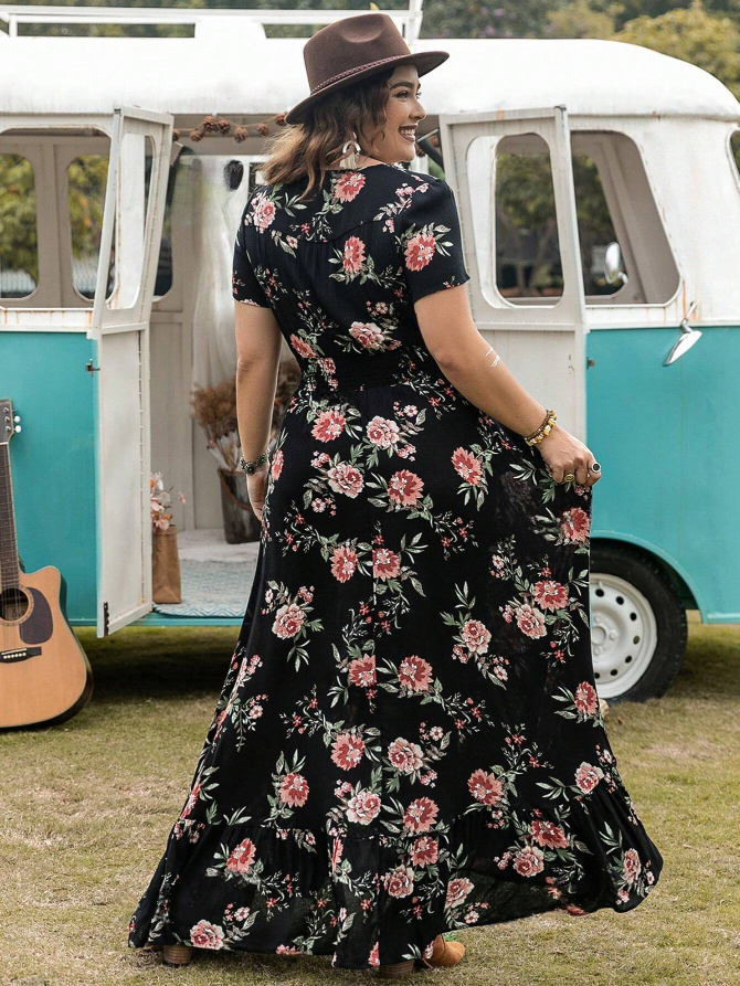 Elegant Floral Plus Size Maxi Dress in Bohemian Style - Perfect for Any Occasion-Free Shipping