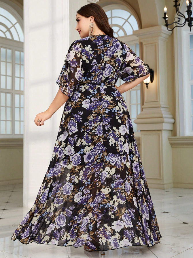 Elegant Chiffon Plus Size Maxi Dress: V-Neck Floral Design with Batwing Sleeves