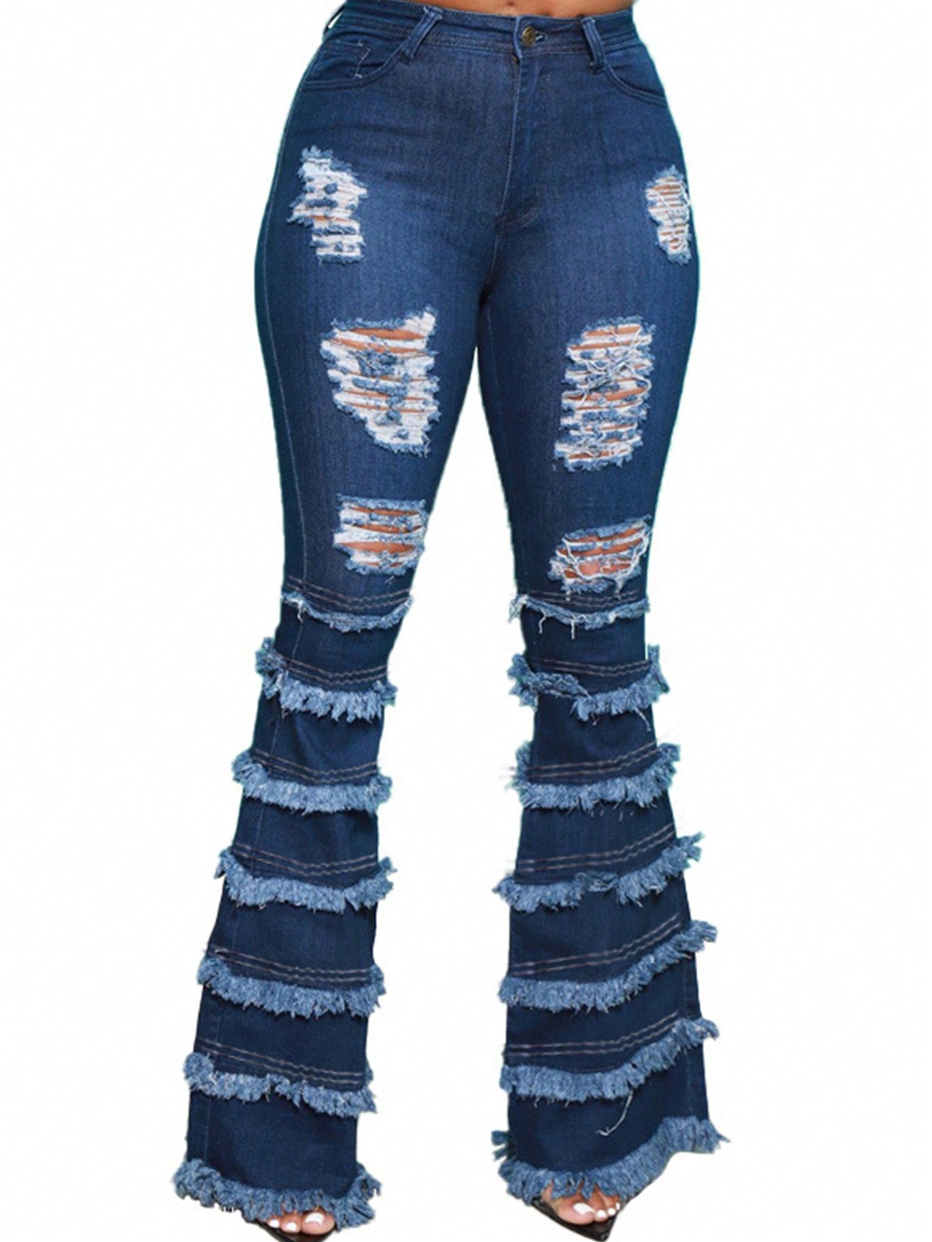 Contemporary High-Waist Flare Jeans with Raw Hem Fringe-Stretch Denim Streetwear