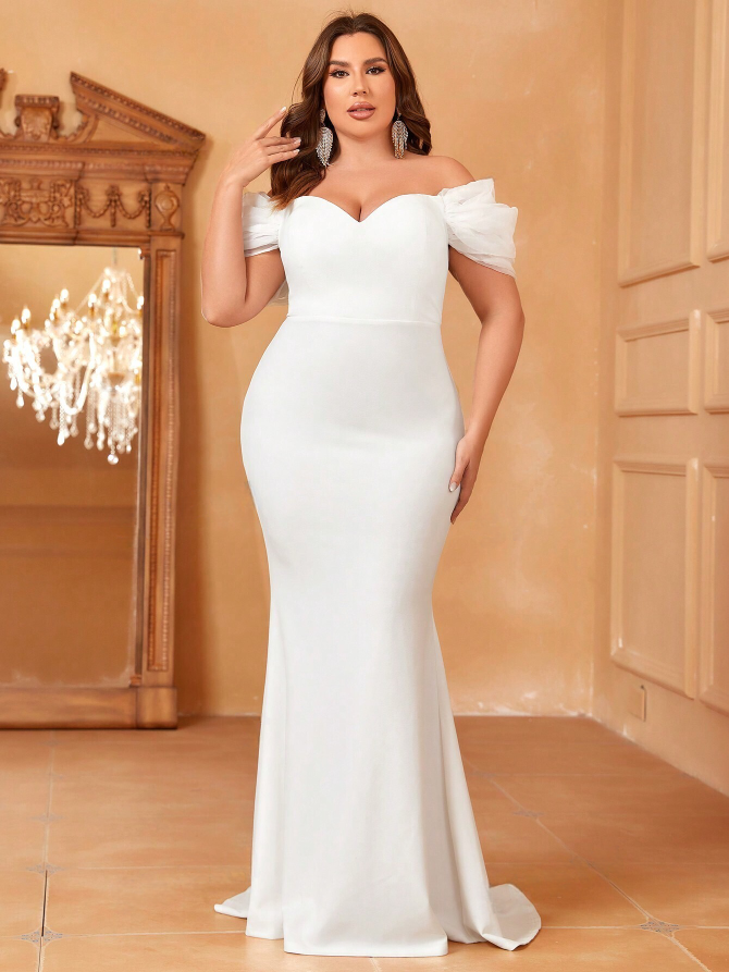 Elegant Plus Size Wedding Dress: Off Shoulder Tulle Mesh Detail, Mermaid Design, Maxi Gown