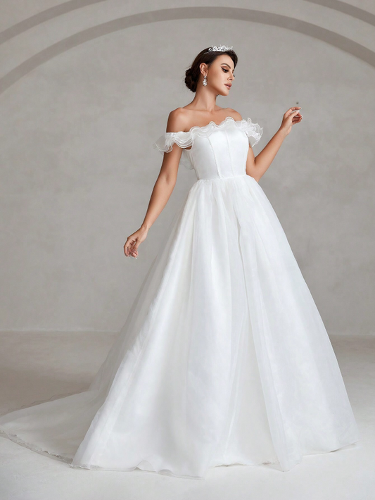 Exquisite Elegance: Off-Shoulder Ruffle Detail Organza Wedding Dress