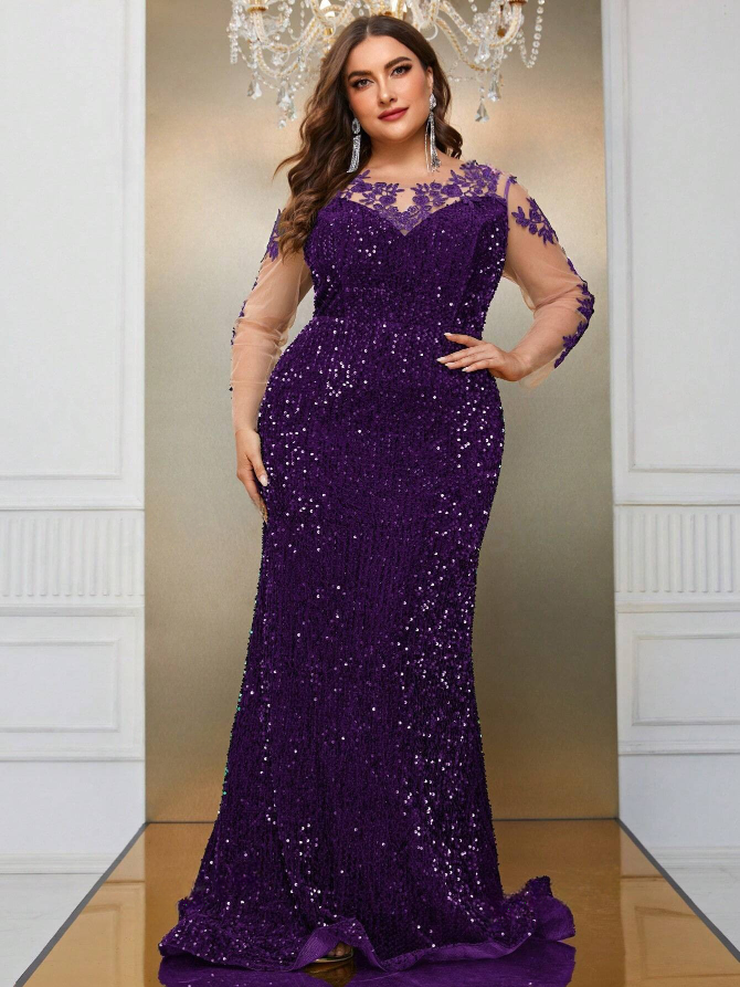 Plus Size Floral Applique Lace Mesh Sleeves and Sequin Detail Formal Dress, Prom, Wedding Guest