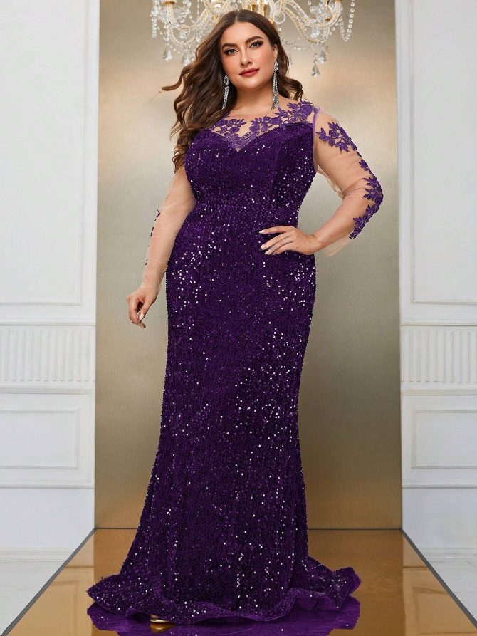 Plus Size Floral Applique Lace Mesh Sleeves and Sequin Detail Formal Dress, Prom, Wedding Guest