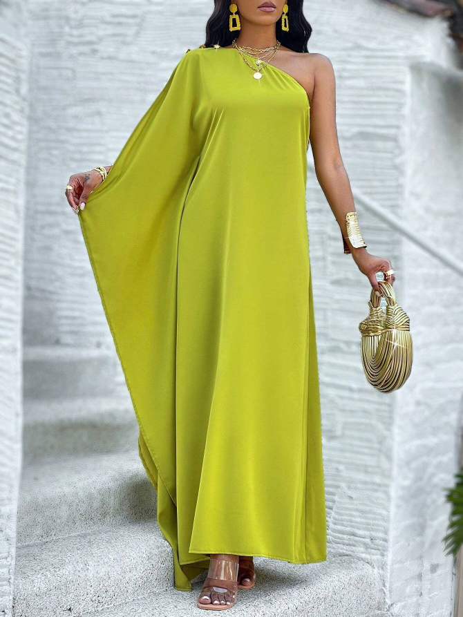 Sophisticated One-Shoulder Batwing Dress - Asymmetrical Loose Fit Elegance