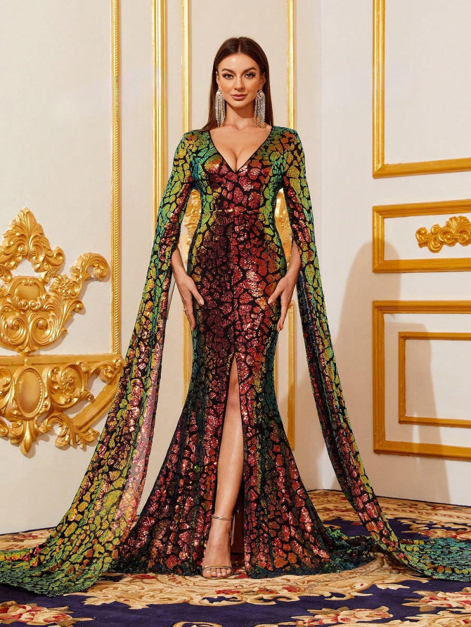 Luxurious Mosaic Sequin Embellished Gown with Plunging Neckline and Elegant Cloak Split Sleeves