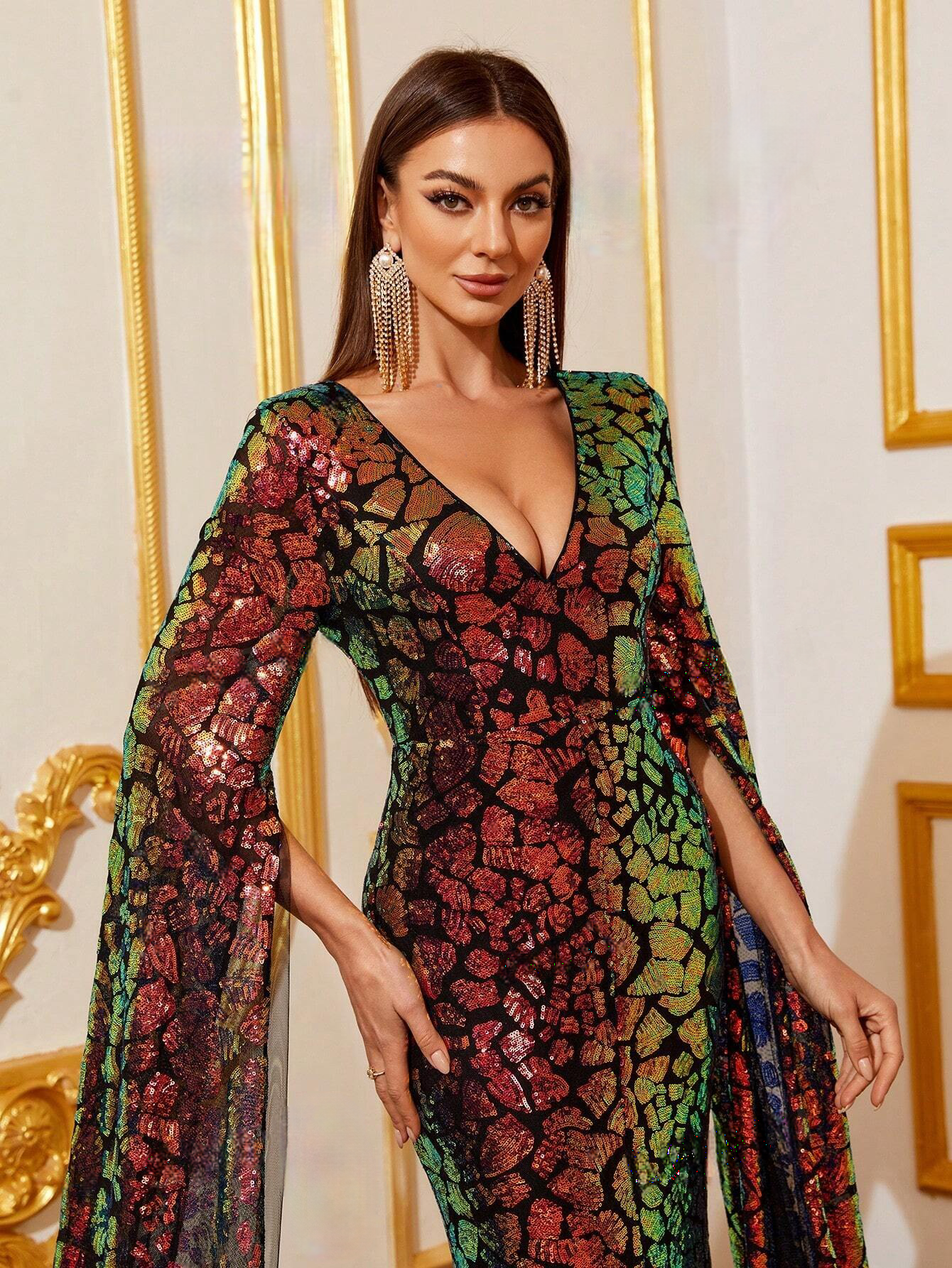 Luxurious Mosaic Sequin Embellished Gown with Plunging Neckline and Elegant Cloak Split Sleeves