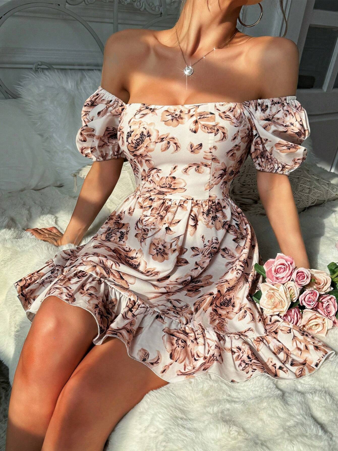 Charming Floral Square Neck Puff Sleeve Mini Dress