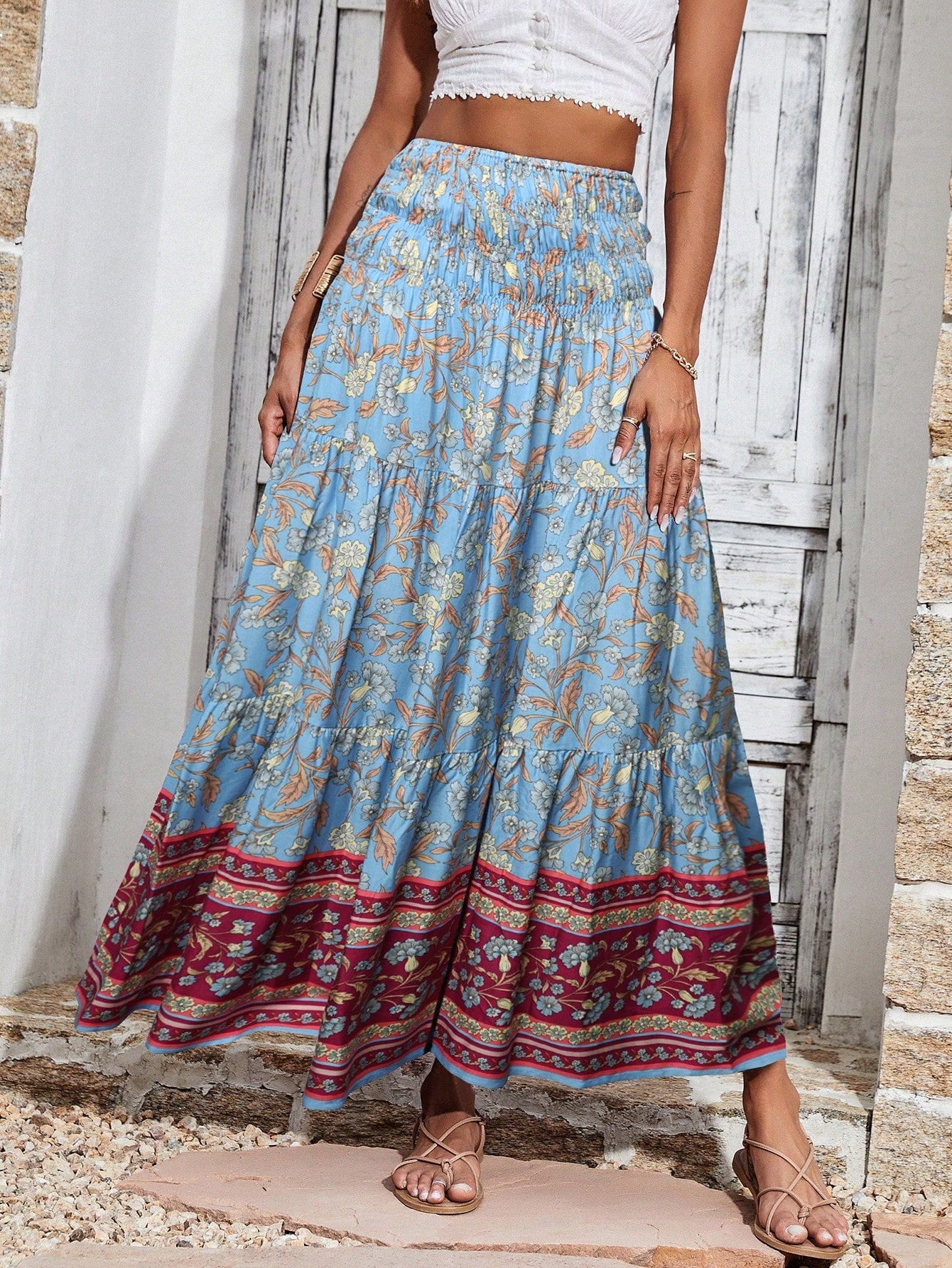 Effortlessly Chic: Floral Paisley Print Shirred Ruffle Hem Maxi Skirt