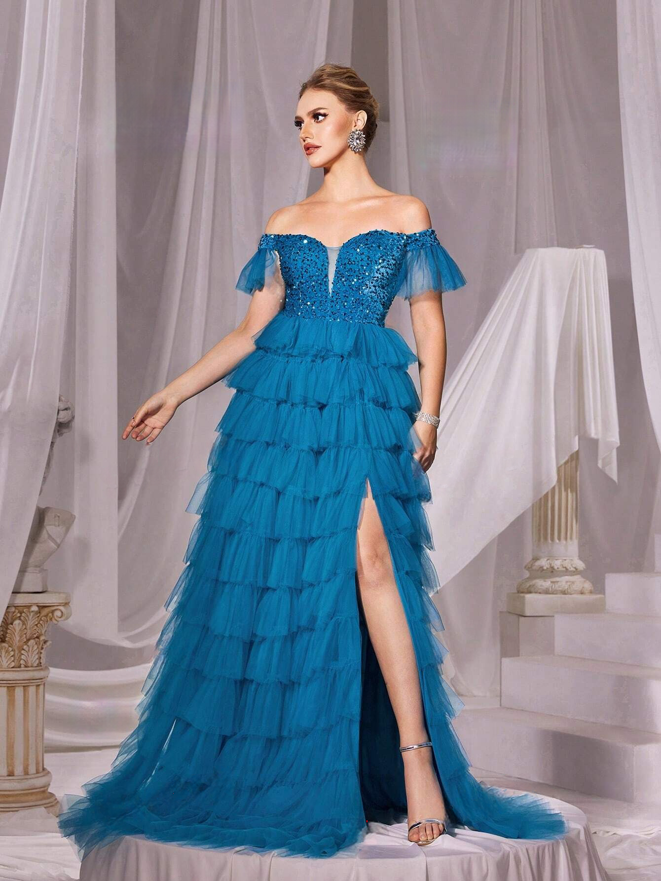 Elegant Teal Off-Shoulder Sequin Bodice Flowing Mesh Layers Thigh High Slit Gown