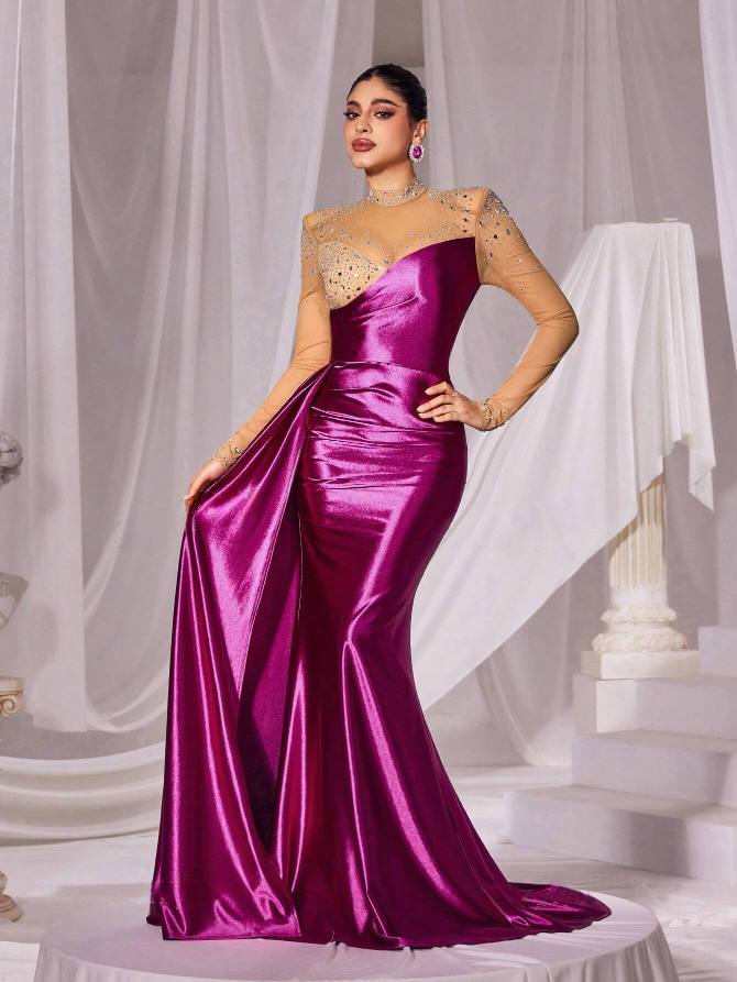 Glamorous Rhinestone Mesh Mock Neck Ruched Mermaid Formal Dress: Perfect for Prom, wedding Guest, Bridesmaid
