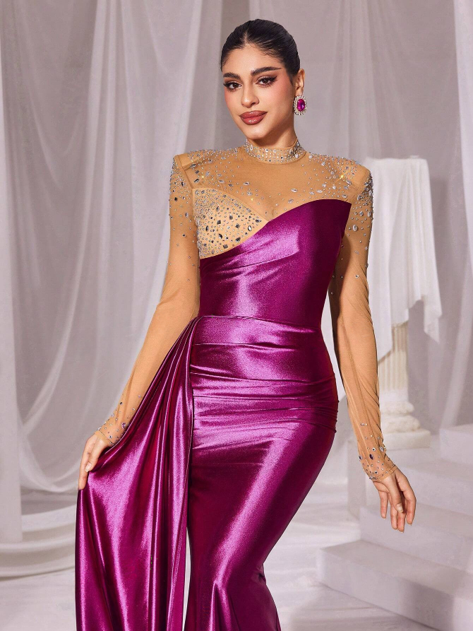 Glamorous Rhinestone Mesh Mock Neck Ruched Mermaid Formal Dress: Perfect for Prom, wedding Guest, Bridesmaid