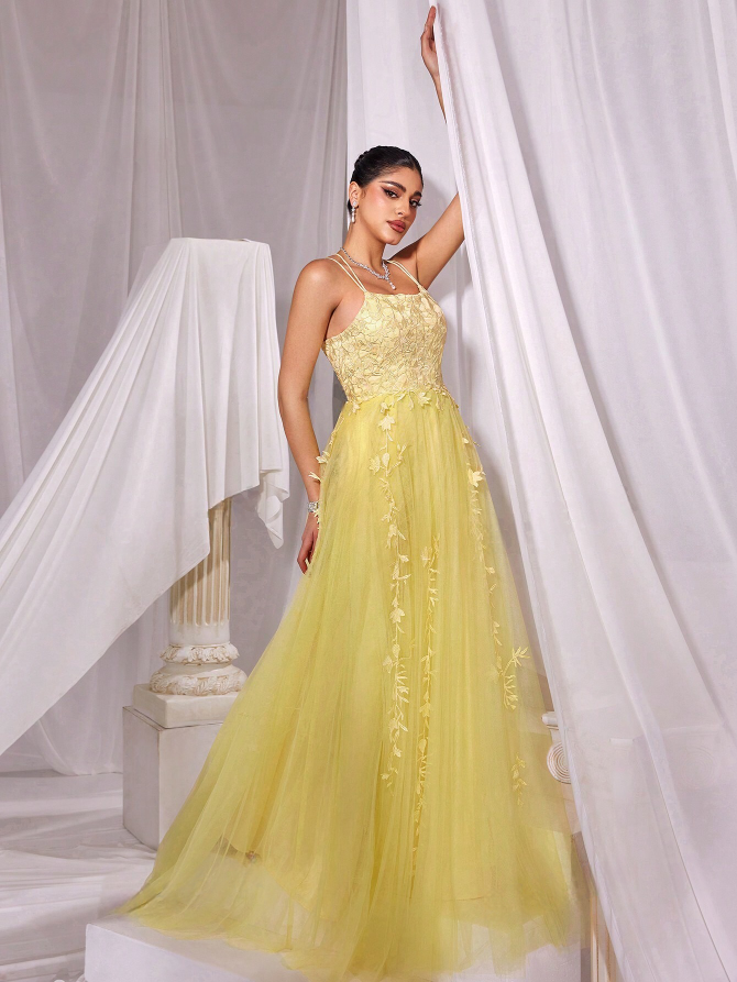 Stunning Floral Appliques Mesh Crisscross Low Back Lace Up Spaghetti Strap Long Train Gown: Prom, Wedding Guest, Bridesmaid