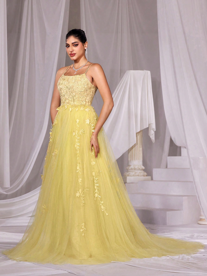 Stunning Floral Appliques Mesh Crisscross Low Back Lace Up Spaghetti Strap Long Train Gown: Prom, Wedding Guest, Bridesmaid