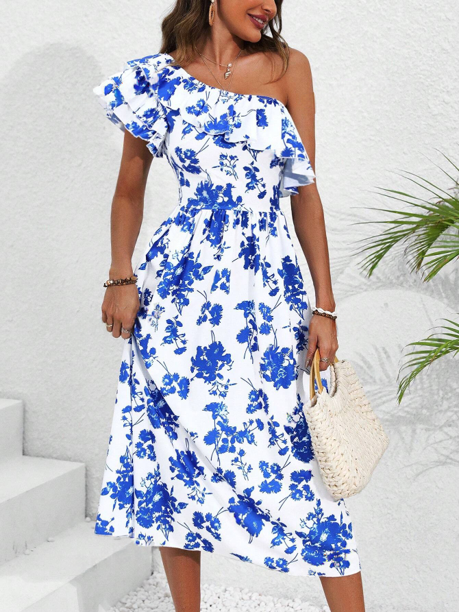 Chic One-Shoulder Tiered Ruffle Fit and Flare Dress