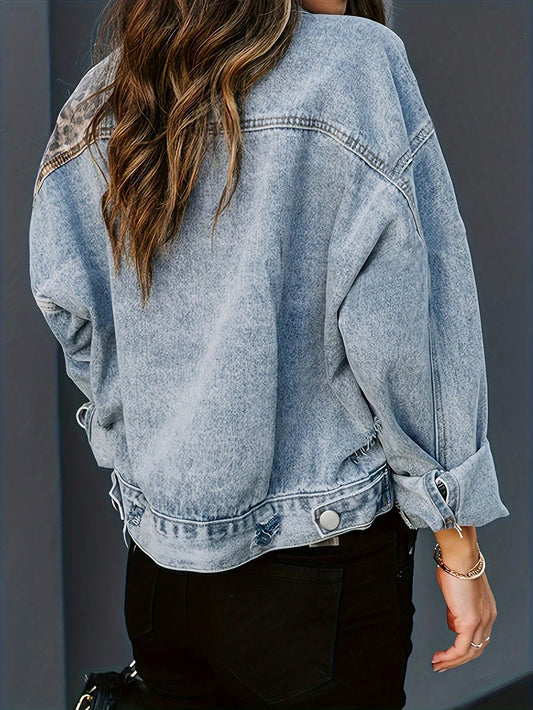 Vintage Leopard Print Ripped Collar Buttoned Denim Jacket-Free Shipping