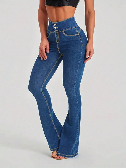 Trendy High Waisted Skinny Bootcut Flared Denim Button Jeans Pants-Free Shipping