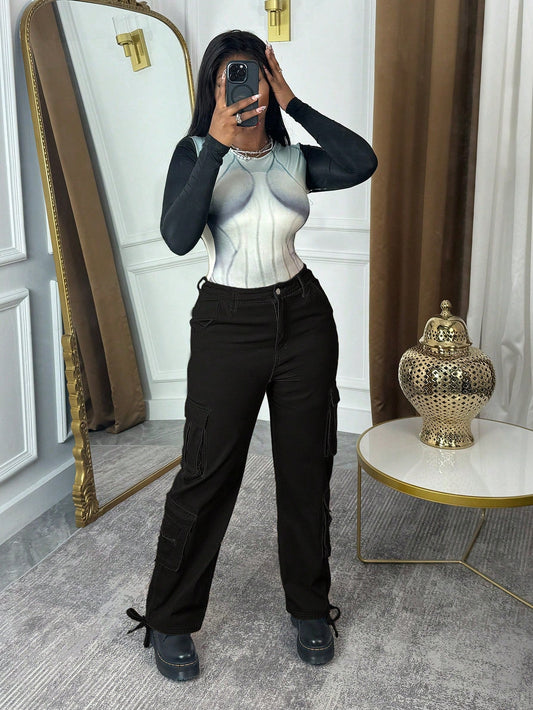 Trendy Loose Multi-Pocket Drawstring Hem Denim Cargo Pants-Free Shipping