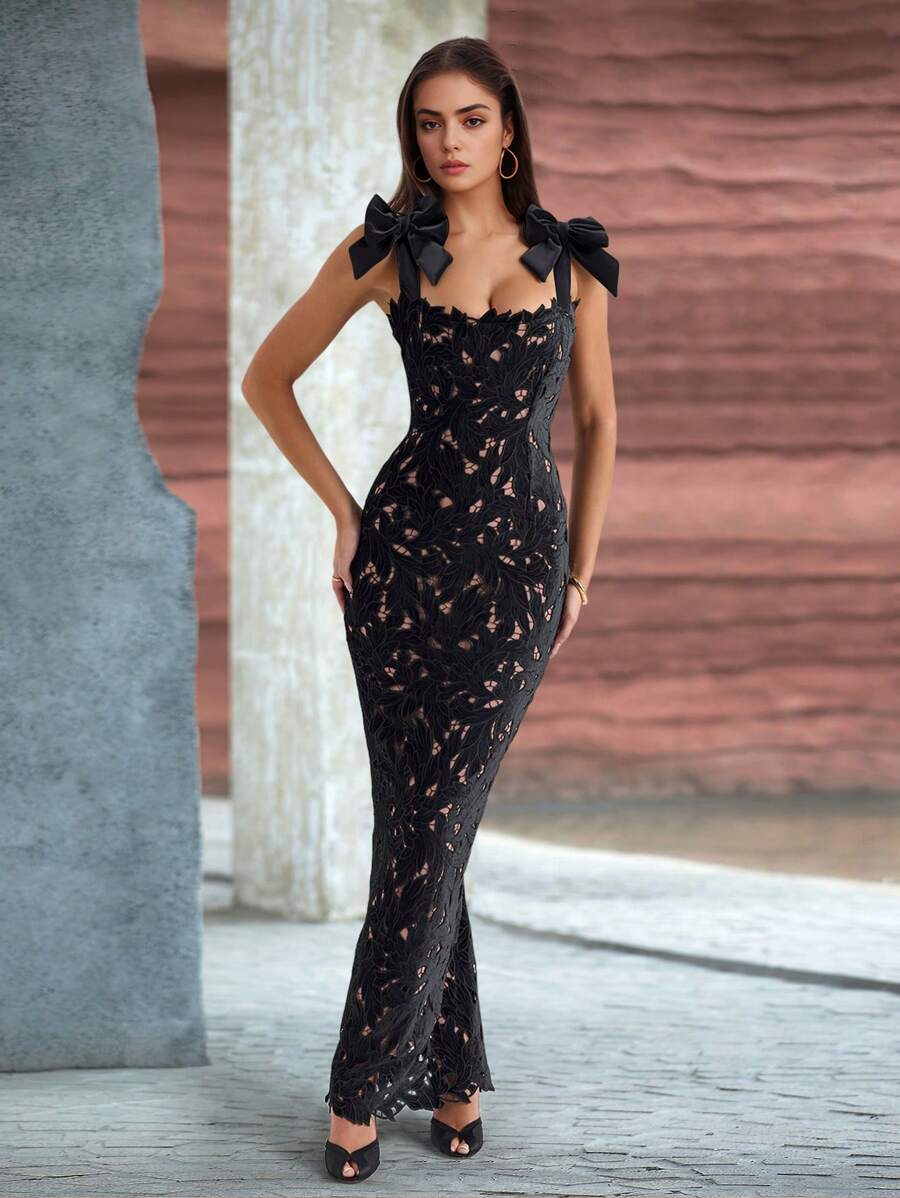 Stunning Lace Bow Strap Cut-Out Back Slit Bodycon Maxi Dress