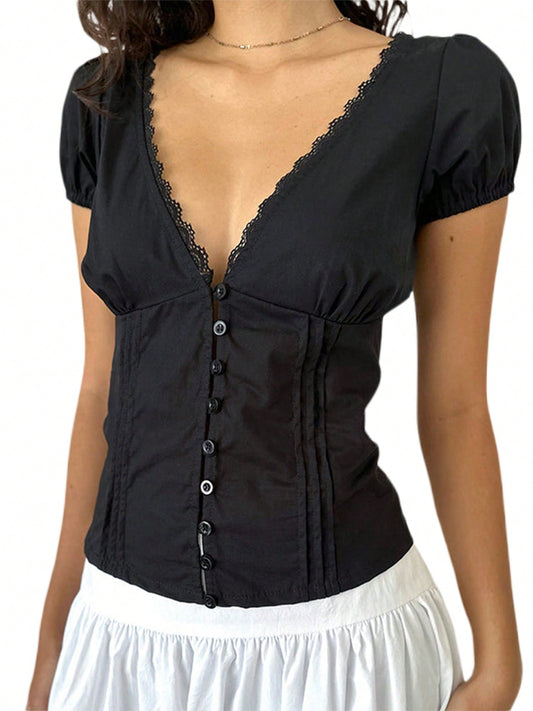 Vintage Black Deep V-Neck Lace Trim Buttoned Blouse-Free Shipping