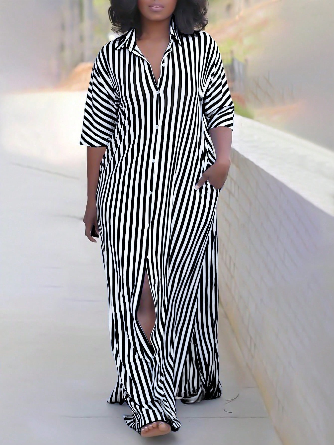 Chic Plus Size Striped Button High Slit Pockets Maxi Shirt Dress-Free Lady Luana Fashion & Accessories Chic Plus Size Striped Button High Slit Pockets Maxi Shirt Dress-Free Lady Luana Fashion & Accessories