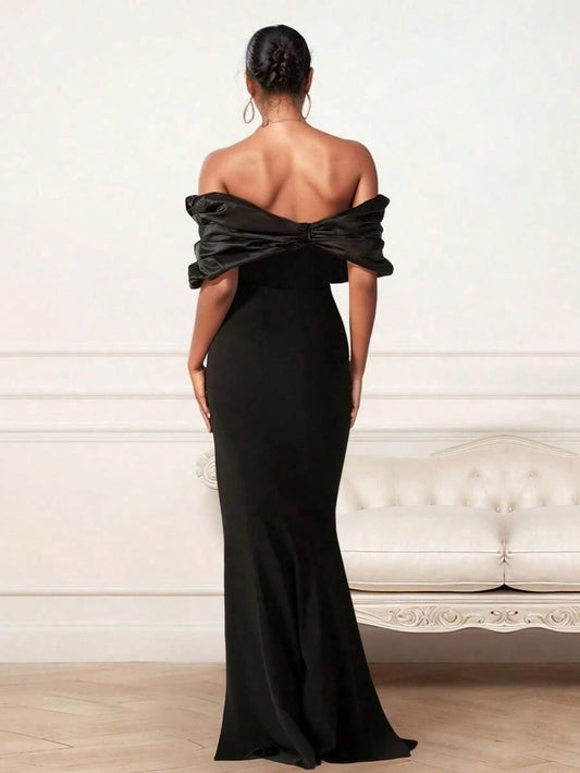 Timeless Off-Shoulder Ruched Bust High Slit Satin Bodycon Maxi Dress – Free Shipping
