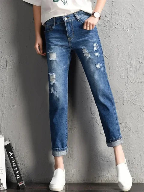 Trendy Distressed Boyfriend Jeans - Sleek Urban Denim with Edgy Ripped Accents