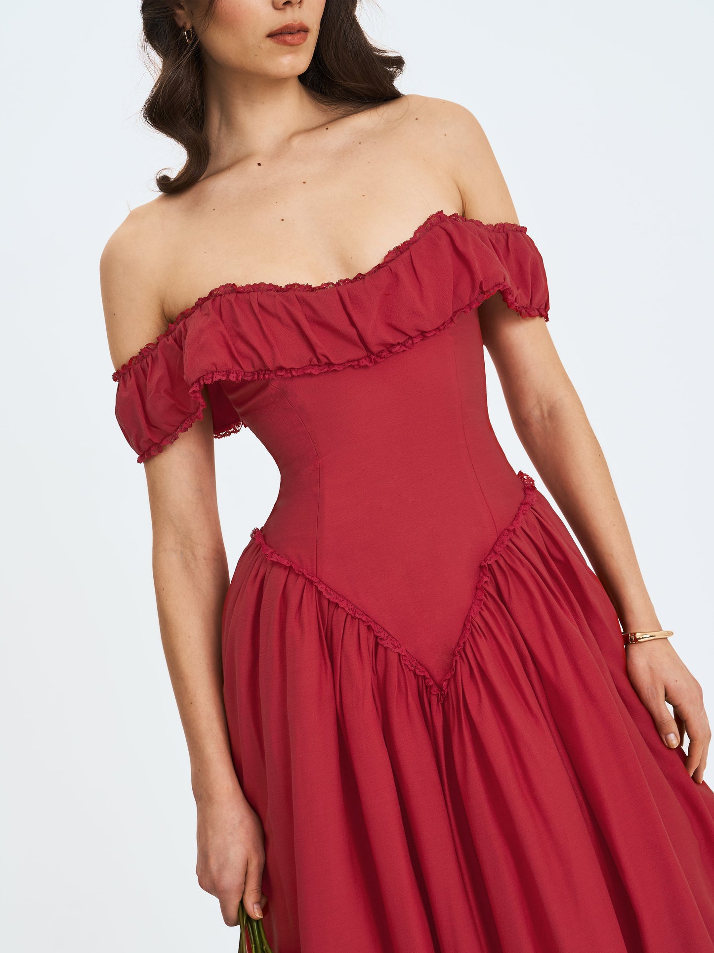 Miss Circle Elegant Xavy Crimson Off-Shoulder Corset Midi Dress - Free Shipping