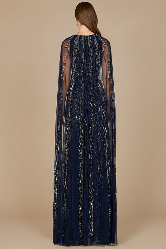 Elegant Beaded Dress with Long Cape - Free Shipping