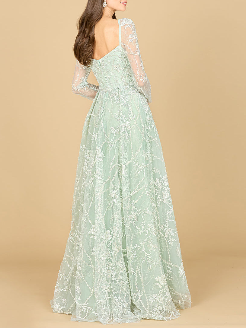 Long Sleeve Beaded Lace Gown - Free Shipping
