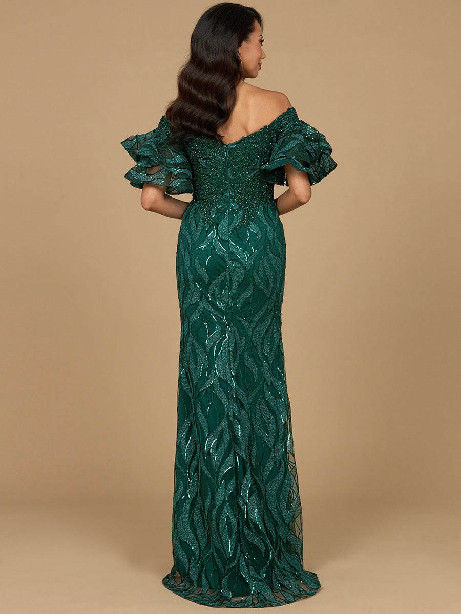 Elegant Off Shoulder Mermaid Beaded Gown with Tiered Sleeves - Free Shipping