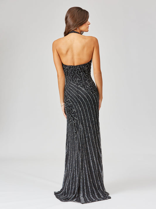 Giselle Beaded Halter Gown with Slit - Free Shipping