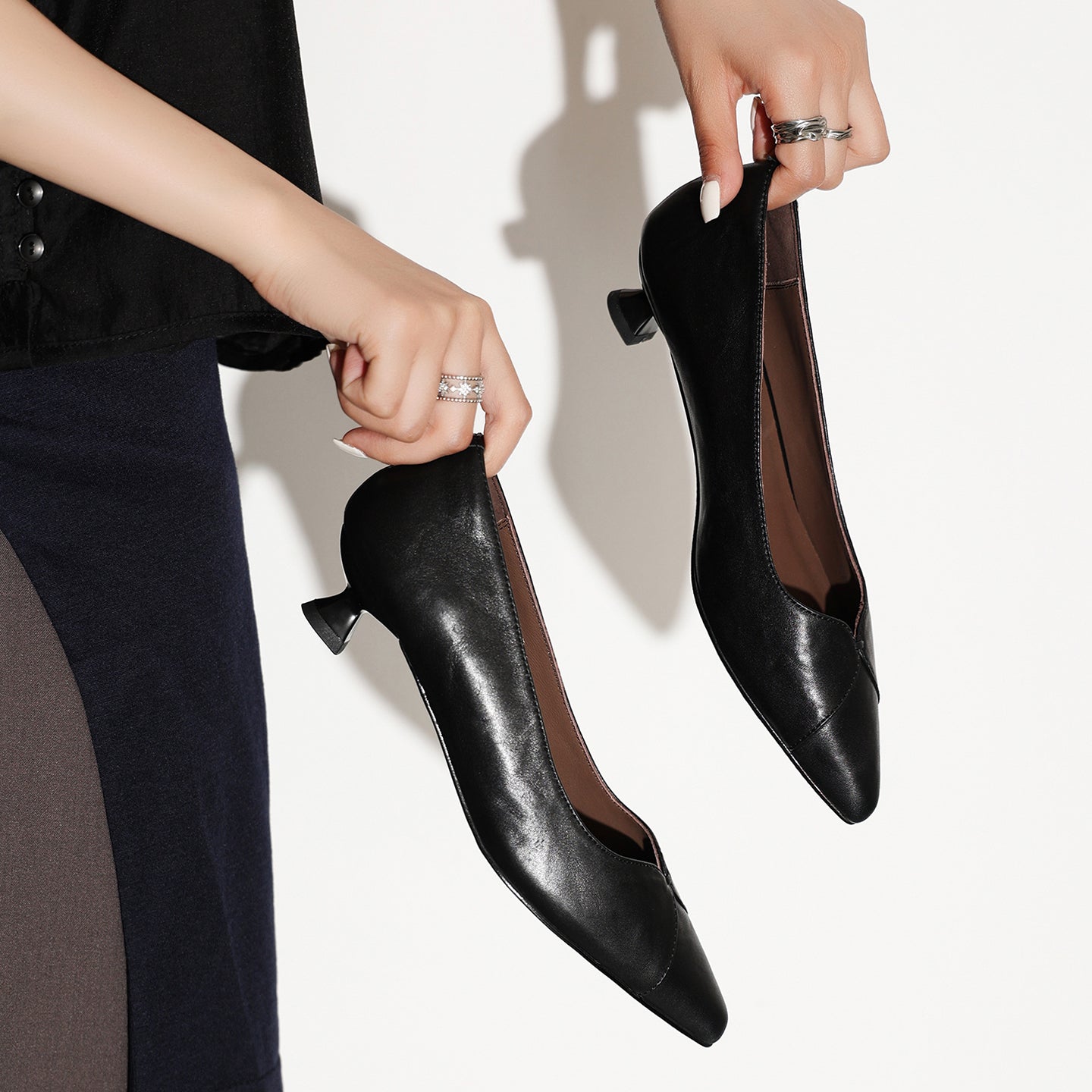 Washed Cowhide Pointed Toe Leather Kitten Heels - Free Shipping