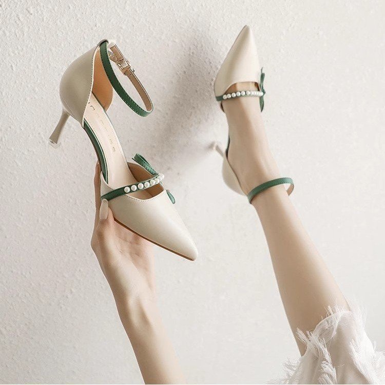 Leather Strap Heels in Off-White & Emerald Green - Free Shipping