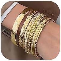 Gold and Silver Bangle Bracelet Sets - Multi-Layer Stackable Textured Bangles
