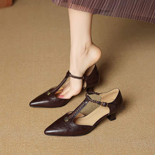 French Retro Camellia-Embellished Leather Kitten Heels - Free Shipping