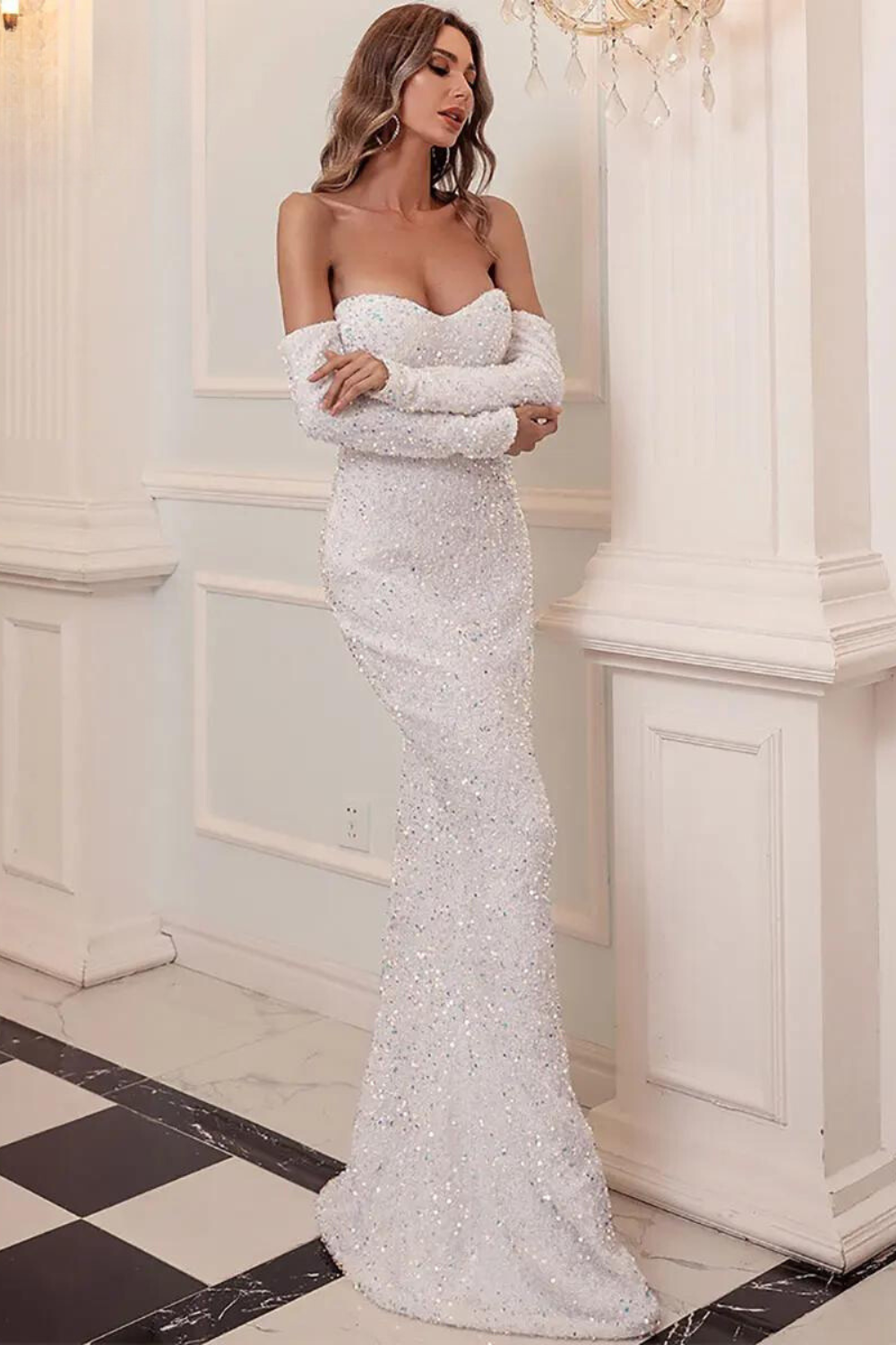 Elegant Off-the-Shoulder Sequined Gown -Women’s Long Sleeve Bodycon Evening,Wedding, Prom  Dress
