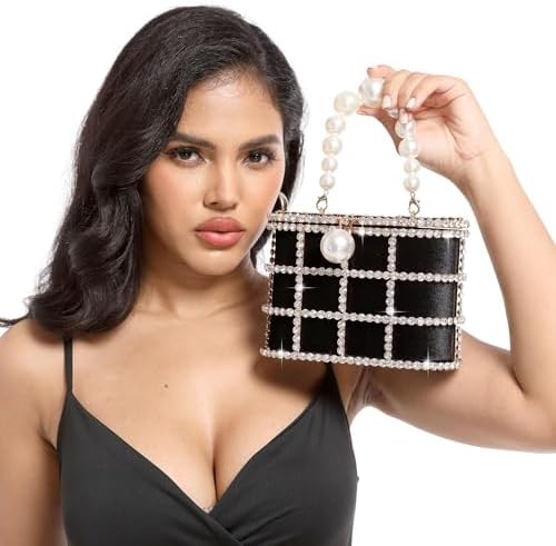 Glamorous Rhinestone-Encrusted Bucket Clutch - Elegant Pearl Handle Detail for Special Occasions