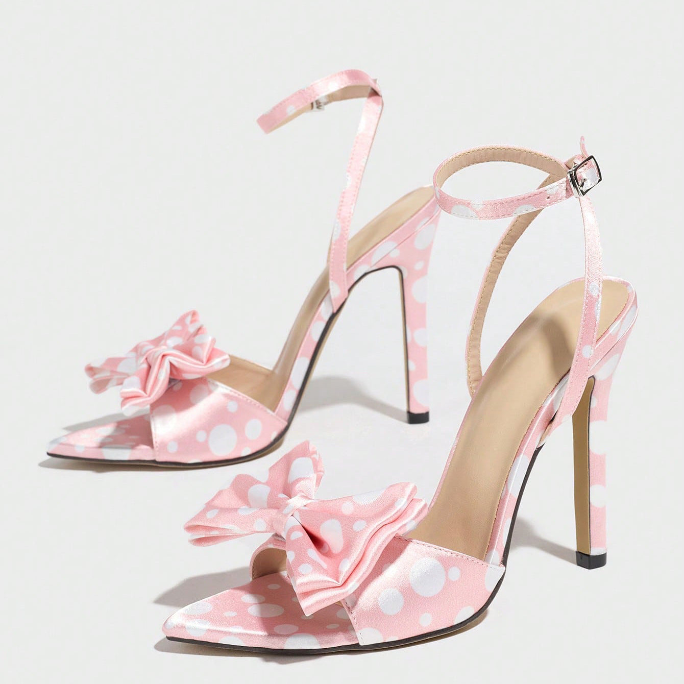 Elegant Silk Polka-Dot Pointed-Toe High Heels with Bow Detail - Free Shipping