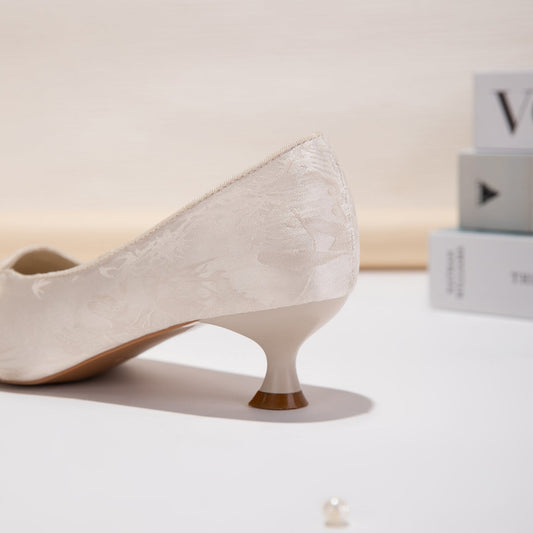 Jacquard Floral Pearl Satin Pointed-Toe Kitten Heels - Free Shipping