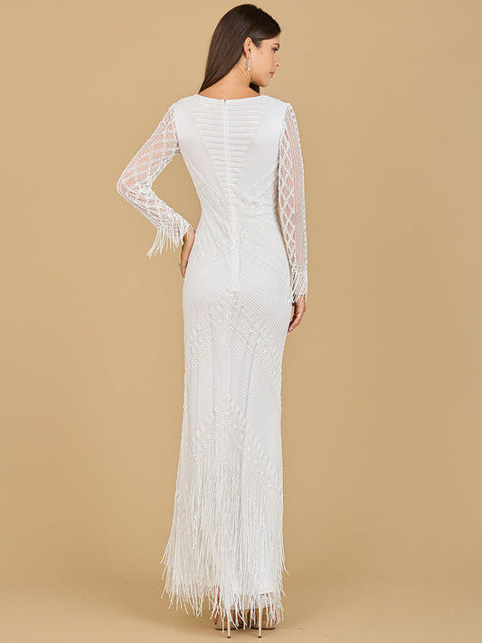 Elegant Long Sleeve Fringe Bridal Gown - Free Shipping