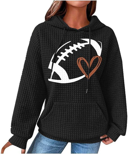 Football Heart Pullover Drawstring Waffle Hoodie Long Sleeve Sweatshirt with Pocket