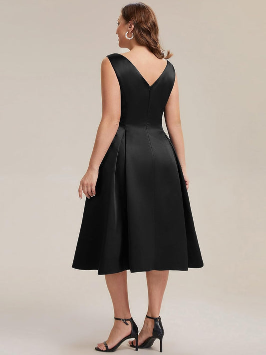 Elegant Plus Size Satin Sleeveless Fit and Flare Midi Dress, Black back