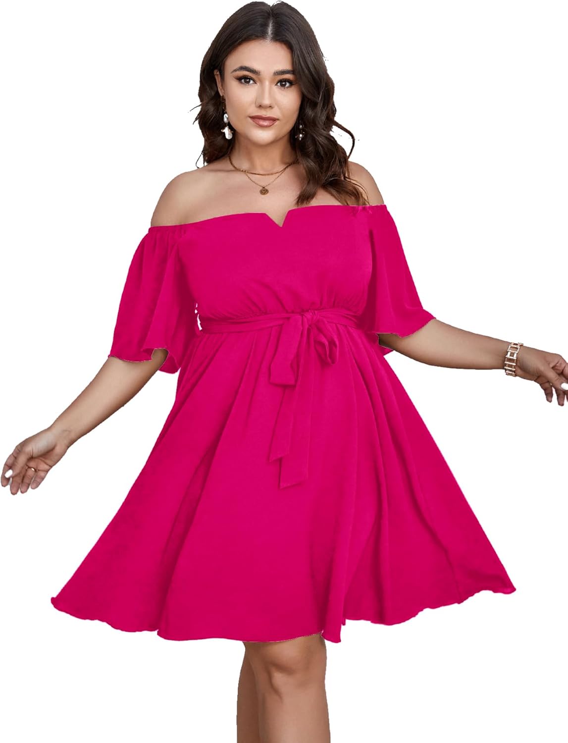 Elegant Plus Size Off-Shoulder Belted Flowy Ruffle Knee Length Dress-Free Shipping