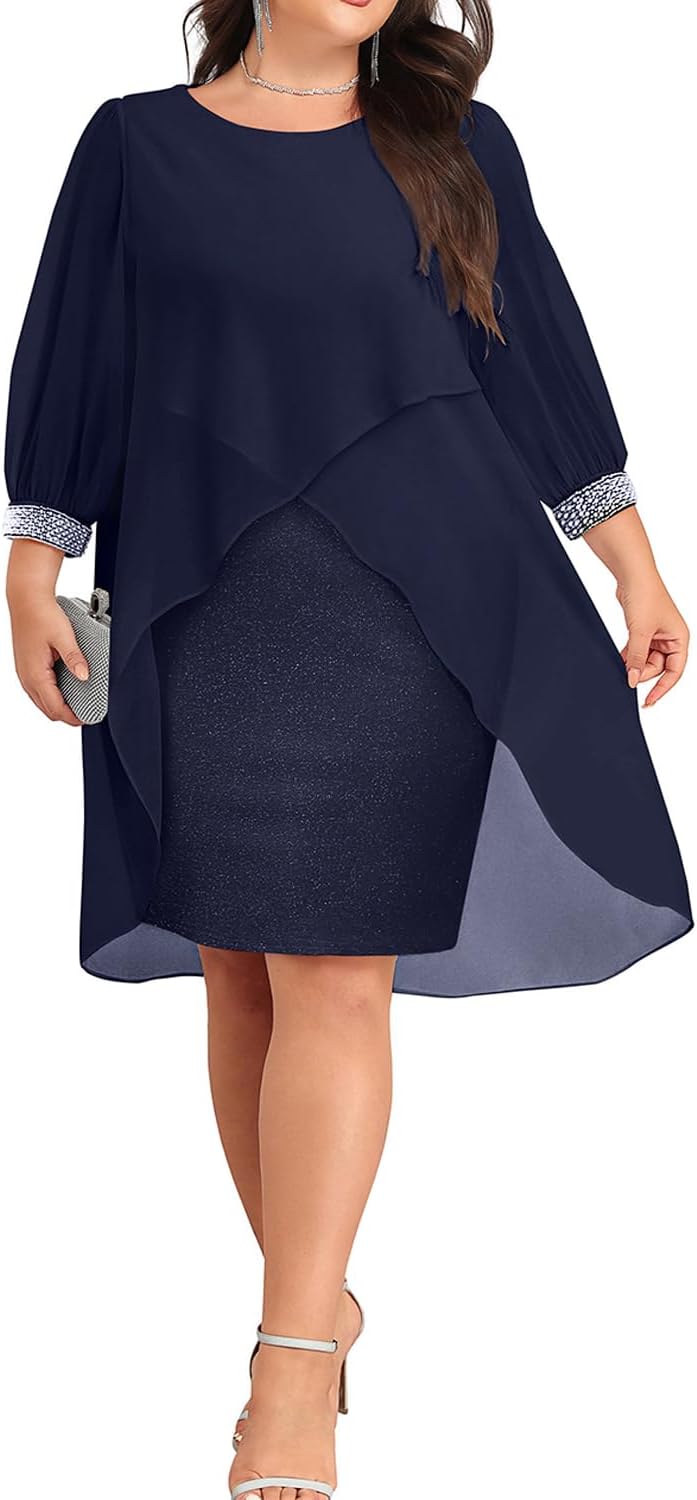 Stunning Plus Size Glitter Three Quarter Flowy Chiffon Cape Mini Dress – Free Shipping