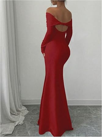 Refined Off-Shoulder Long Sleeve Open-Back Bodycon Mermaid Dress-Free Shipping