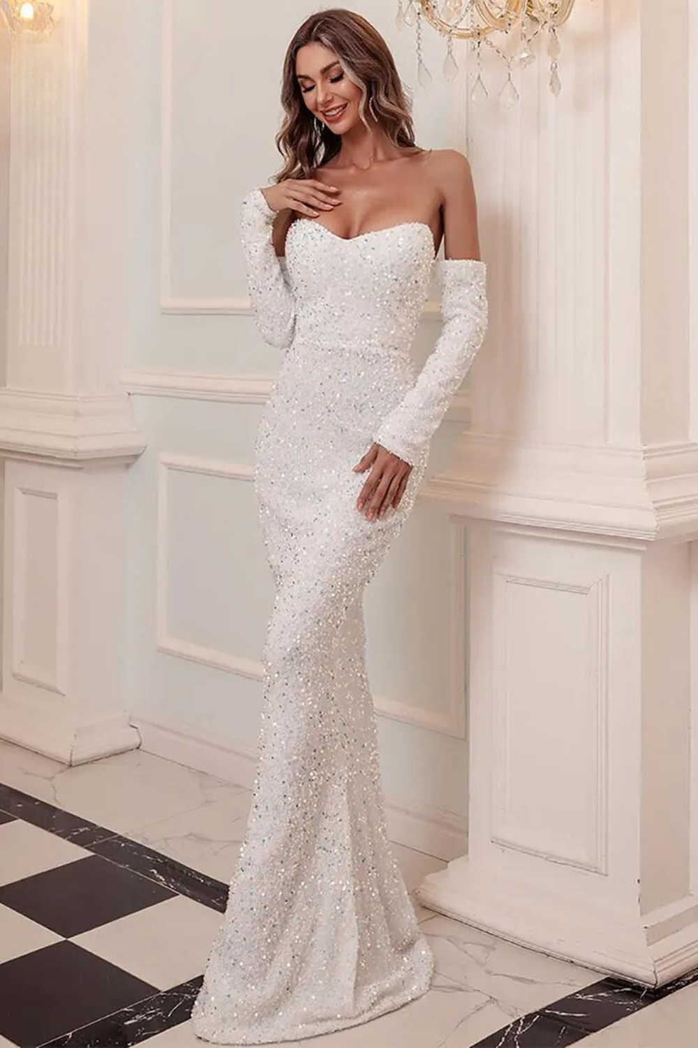 Elegant Off-the-Shoulder Sequined Gown -Women’s Long Sleeve Bodycon Evening,Wedding, Prom  Dress